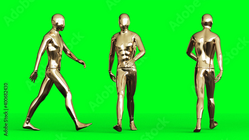 Golden man character animation. Isolate on green screen. 3d rendering.
