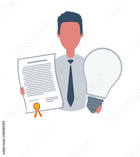 Businessman or clerk holding a winner certificate and a lightbulb. Male character in simple style with objects, flat vector illustration. Business concept. Isolated on white background.