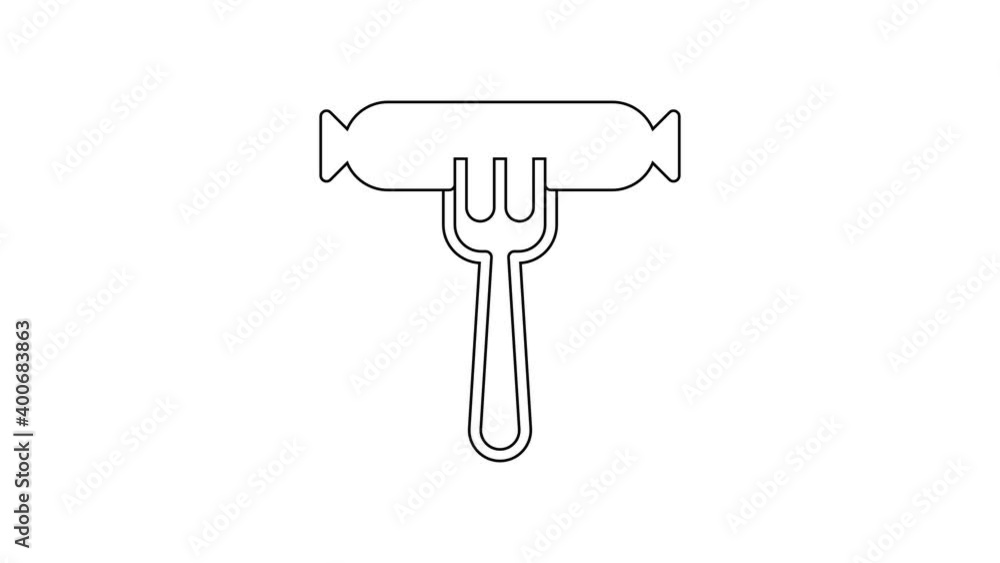 Black line Sausage on the fork icon isolated on white background. Grilled sausage and aroma sign. 4K Video motion graphic animation Black line Sausage on the fork icon isolated on white background. Grilled sausage and aroma sign. 4K Video motion graphic animation
