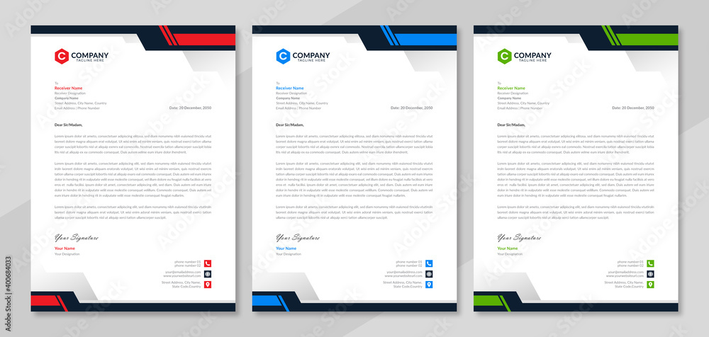 Modern corporate letterhead template design in red, blue & green color. Business letterhead layout with company logo for marketing. Professional official letterhead with abstract geometric background.