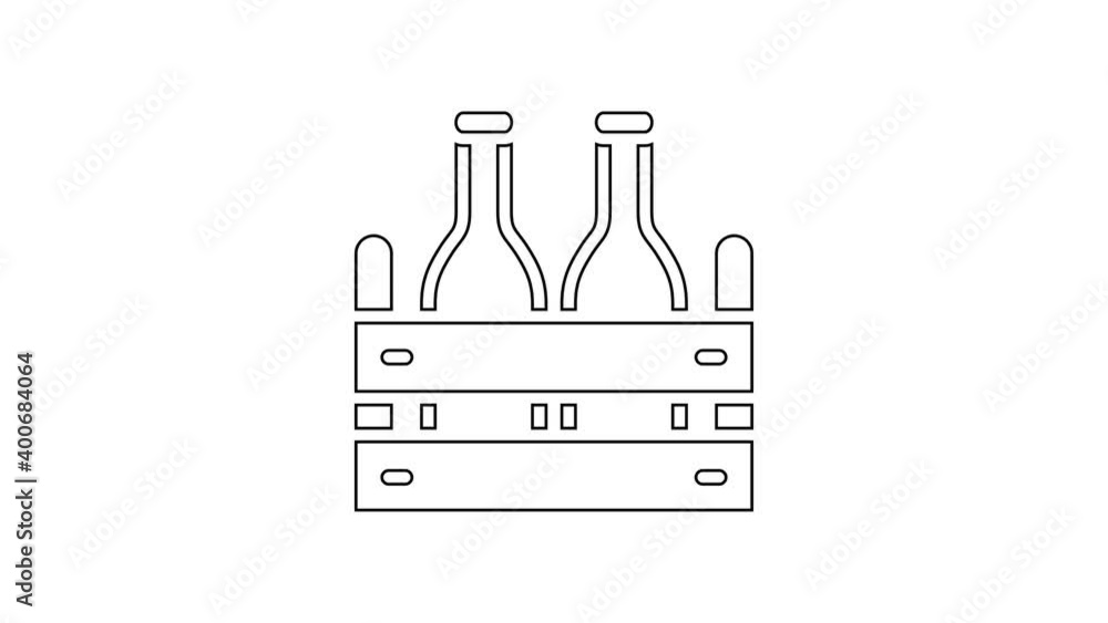 Black line Pack of beer bottles icon isolated on white background. Wooden box and beer bottles. Case crate beer box sign. 4K Video motion graphic animation