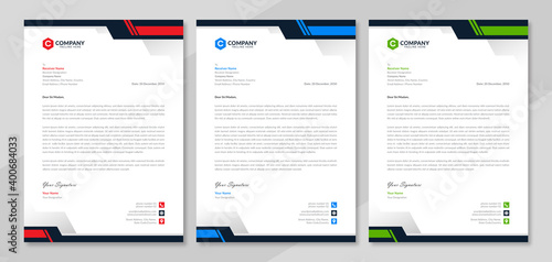 Modern corporate letterhead template design in red, blue & green color. Business letterhead layout with company logo for marketing. Professional official letterhead with abstract geometric background.