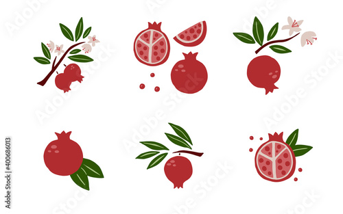Pomegranate poster set. Exotic tropical red fresh fruit, whole juicy garnet with green leaves and flowers, slice and seeds, vector cartoon minimalistic style isolated illustration