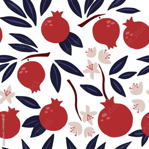 Pomegranate seamless pattern. Exotic tropical red fruit, juicy garnet with blue leaves and flowers, vector cartoon minimalistic isolated texture, textile, wrapping paper, wallpaper and fabric
