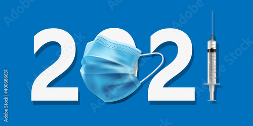 Happy new year 2021 white paper letter with medicine mask and syringe