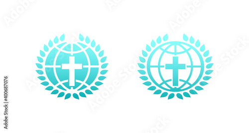 Set of color illustrations of cross, globe, laurel wreath on a white background. Vector illustration for logo, emblem, badge, sticker. Symbols on a religious theme. Christianity.