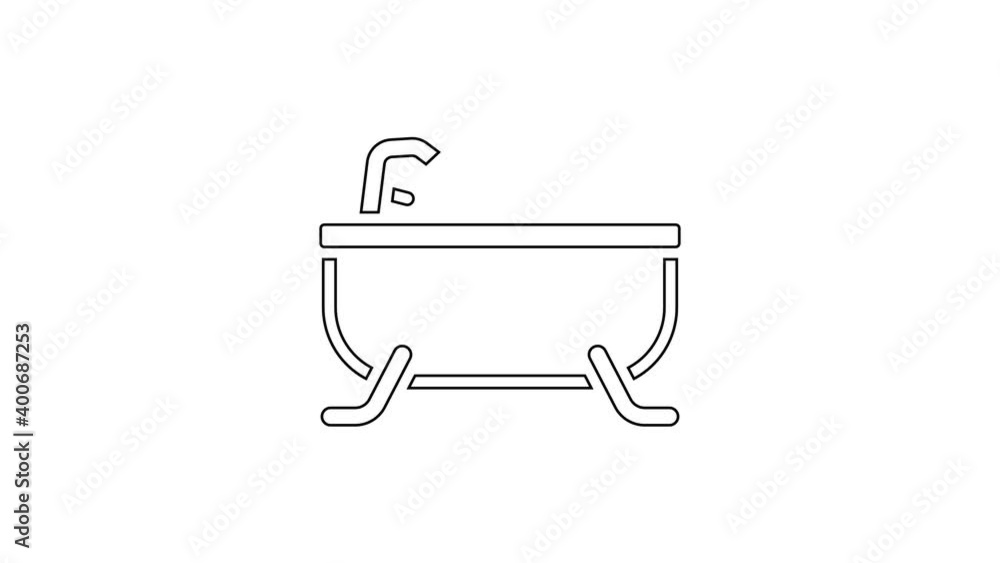 Black line Bathtub icon isolated on white background. 4K Video motion graphic animation Black line Bathtub icon isolated on white background. 4K Video motion graphic animation