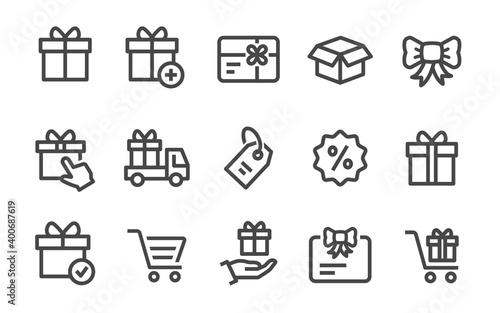 Gift box icon set. Collection of present, package, discount, ribbon and more. Vector illustration.