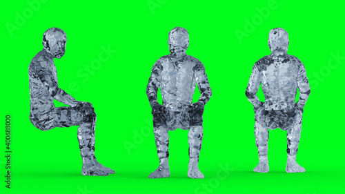 Ice, glass man character animation. Isolate on green screen. 3d rendering