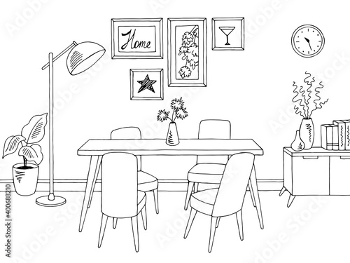 Dining room home interior graphic black white sketch illustration vector 