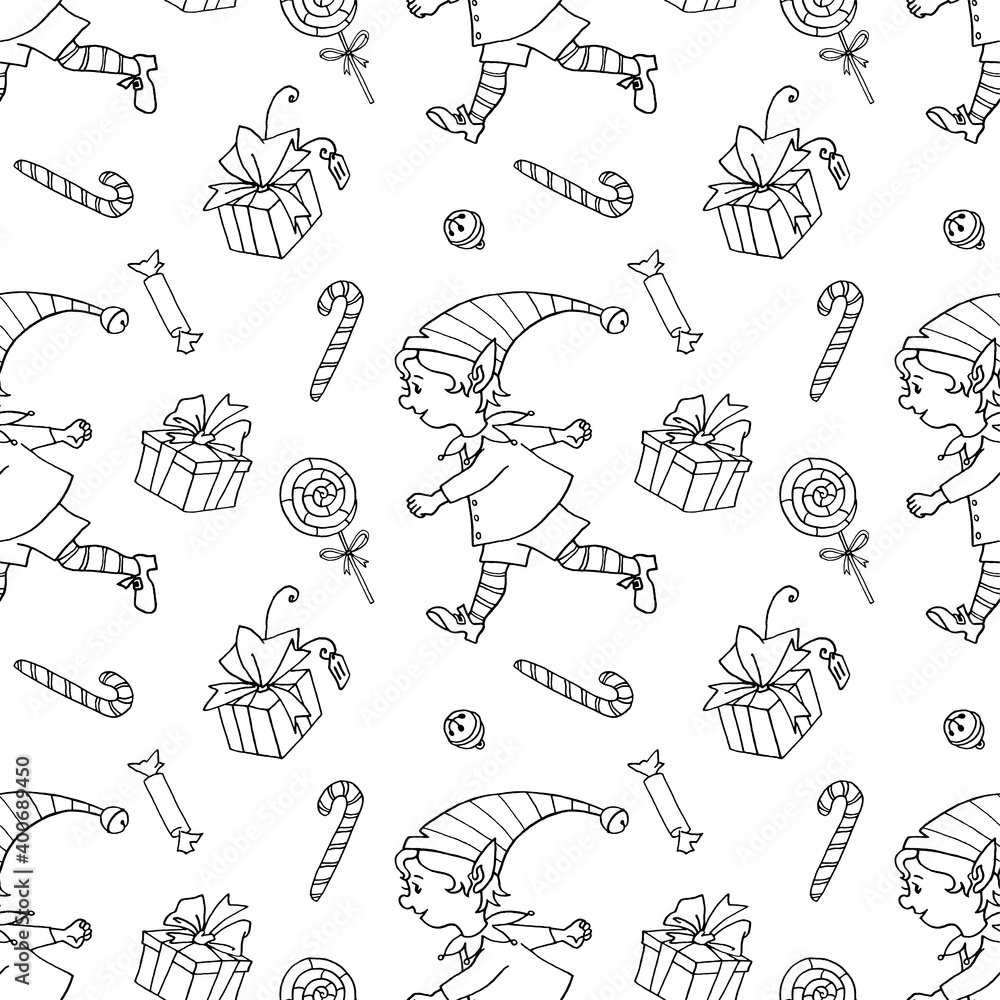 Seamless pattern with Christmas outline elves boys, candy canes, gift boxes. New year Xmas backgrounds and textures. For greeting cards, wrapping paper, packaging, textile, children coloring book