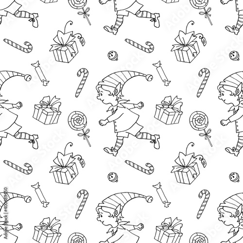 Fototapeta Naklejka Na Ścianę i Meble -  Seamless pattern with Christmas outline elves boys, candy canes, gift boxes. New year Xmas backgrounds and textures. For greeting cards, wrapping paper, packaging, textile, children coloring book