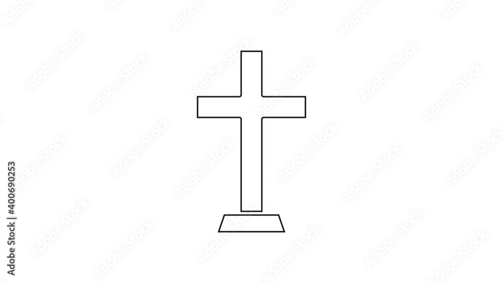 Black line Christian cross icon isolated on white background. Church cross. 4K Video motion graphic animation