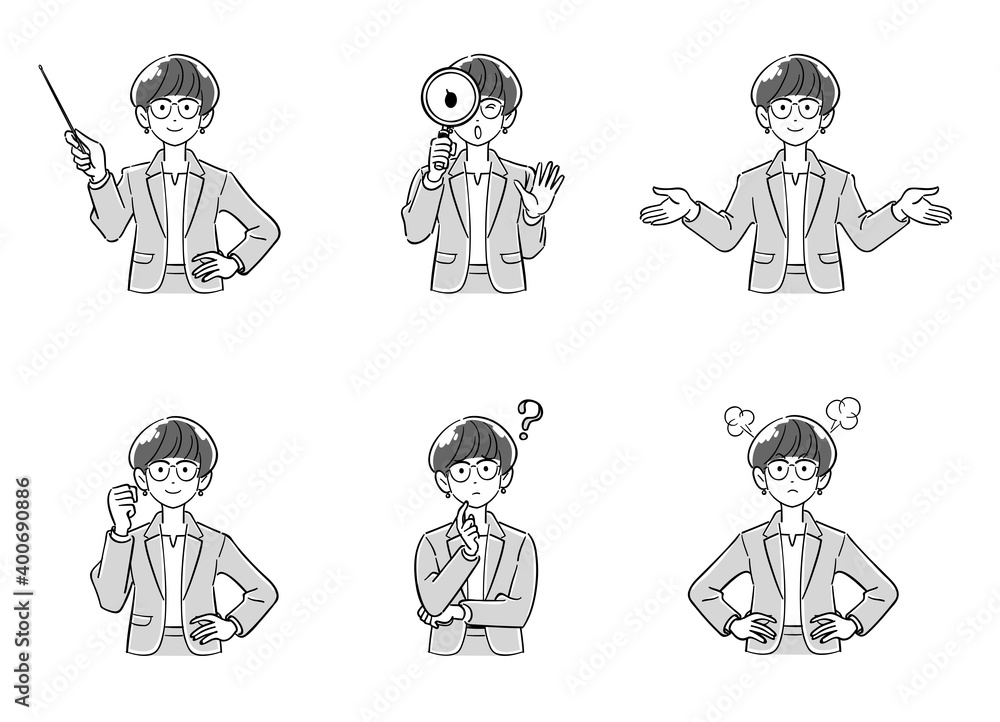 眼鏡をかけたビジネスウーマンの上半身　6種類のセット
