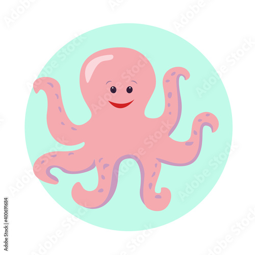  Cartoon octopus on isolated background, cute vector illustration in flat style and pastel colors for kids design