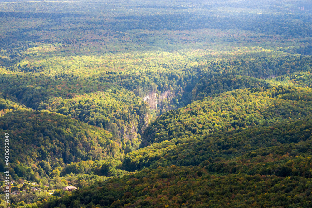 Obraz premium Mountain landscape. Gorge and mountains covered by forest