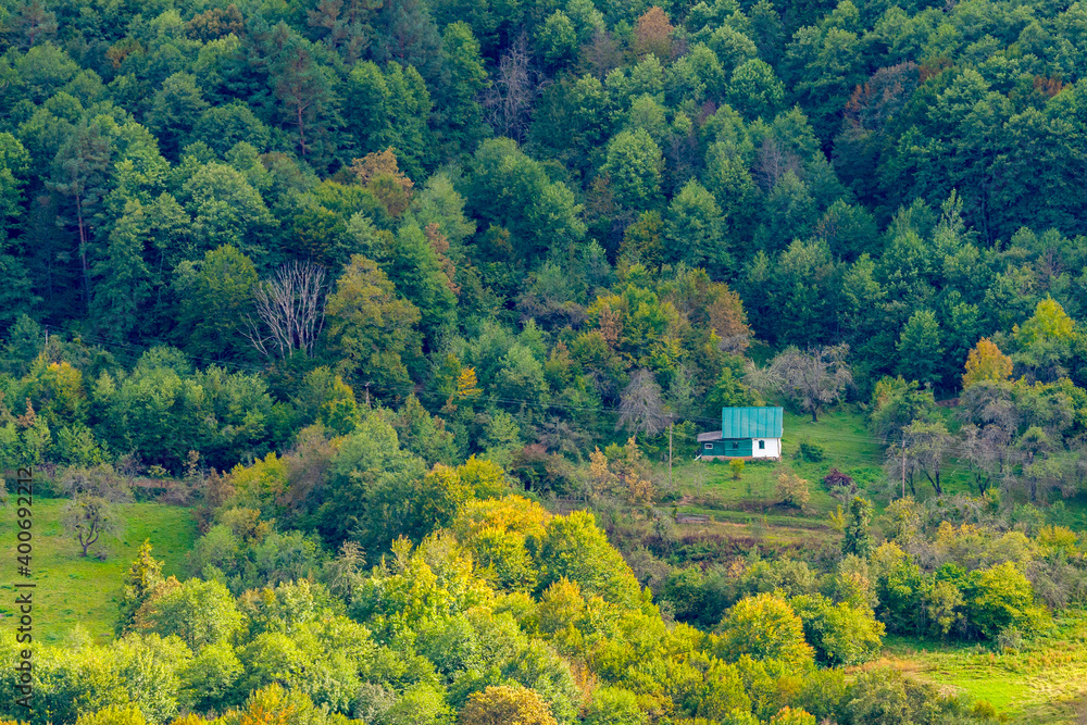 Aerial landscape with house in nature. Calm place in forest