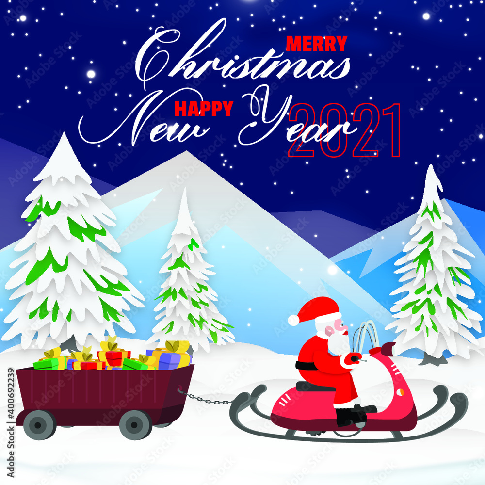 Santa Claus, Open Sleigh, Gift trailer, and Christmas tree