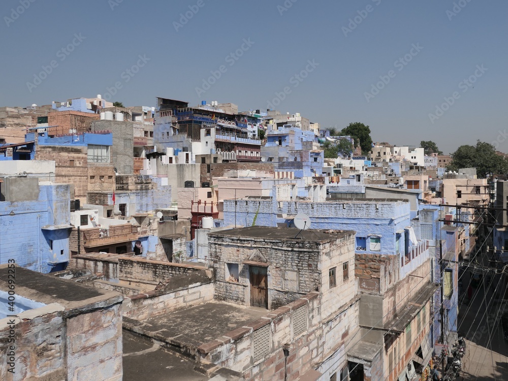 Jodhpur, Rajasthan, India, October 11, 2019: Blue City – 
 Houses painted blue, with a purplish hue, are what give Jodhpur its nickname, the Blue City. 
