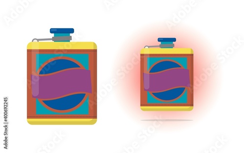 Flask made of stainless steel lined with patterned leather. Dishes for travel and alcohol. Vector illustration in a flat style.