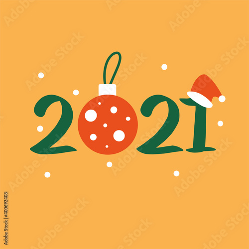 Happy New Year 2021 and Merry Christmas. Vector illustration with handwritten text, toy and santa hat. Suitable for social media posts, instagram, mobile apps, marketing materials.