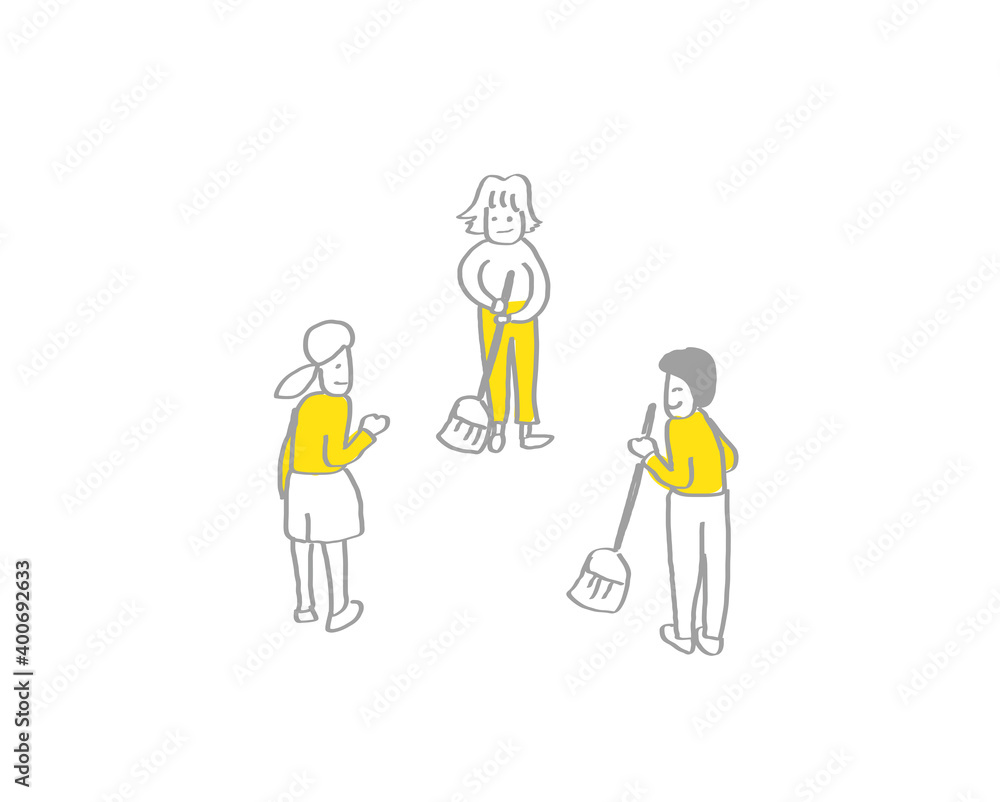 学校生活ーシンプルな線画手描きイラストー掃除の時間 学校生活ーシンプルな線画手描きイラストー掃除の時間