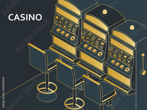 Casino slot machine in isometric flat style. One arm gambling device