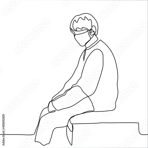 apathetic man in a mask sits tiredly or sadly on the edge of the bed. one line drawing concept of depression, loss of energy, drowsiness