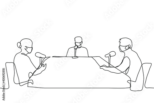 three people at a large table are sitting in masks with microphones. one line drawing podcast recording, broadcasting, interviews.