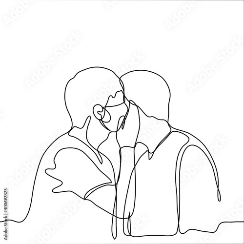 two men in masks stand close to each other, one whispers something to the other in his ear, covering his mouth with his palm. one line drawing of gossip, telling secret, sharing an intimate secret