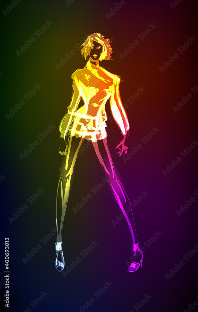 Hand-drawn fashion model from a neon. A light girl's. Fashion girl. Stylish fashion model. Fashion woman Hand-drawn fashion model from a neon. A light girl's. Fashion girl. Stylish fashion model. Fashion woman
