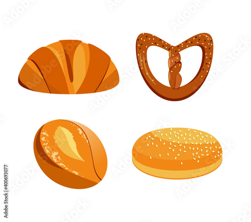 Set of sweet rolls with sesame seeds, croissant. vector illustration