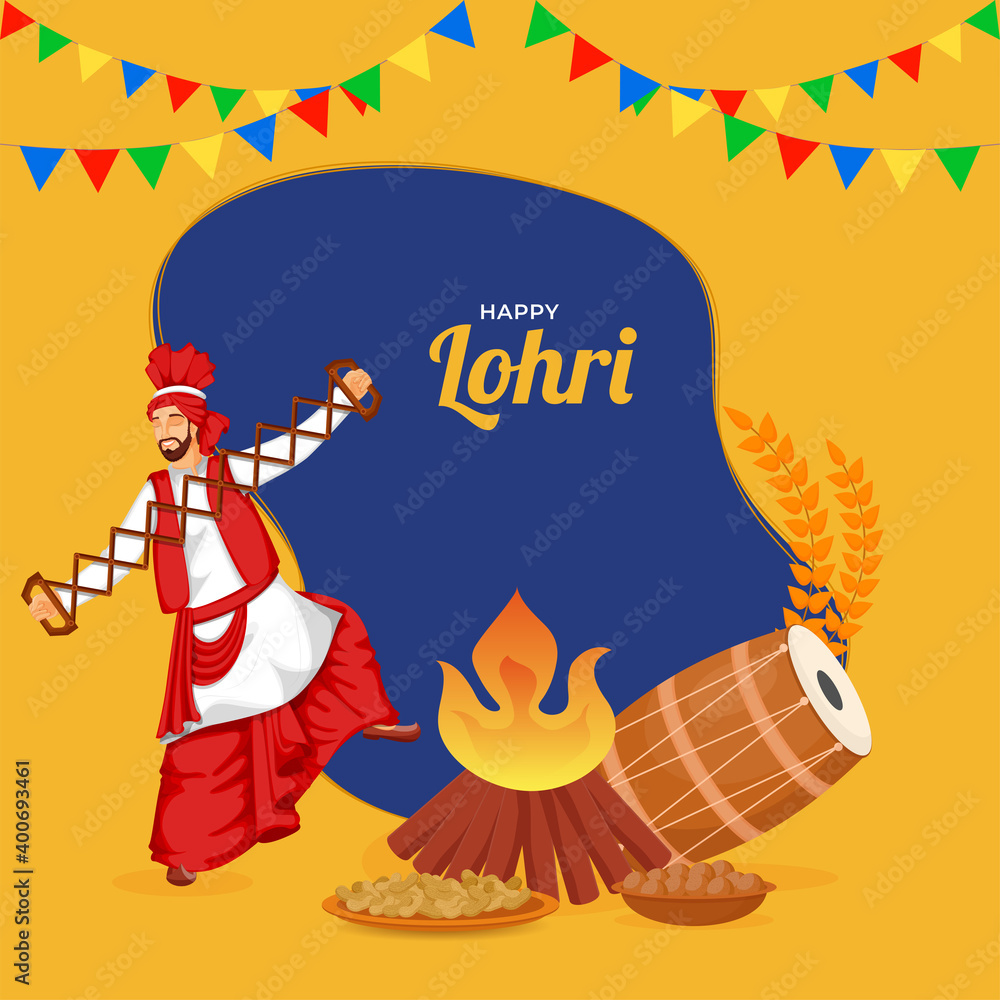 Happy Lohri Concept With Punjabi Man Playing Sapp Instrument, Dhol, Foods, Bonfire Illustration On Yellow And Blue Background.