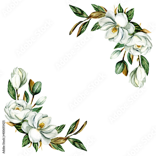 Wreath with watercolor flowers magnolia, floral frame for greeting card, invitation and other printing design. Isolated on white. Hand drawing.