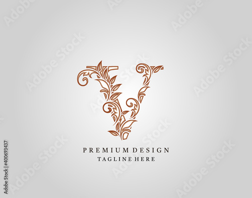 Calligraphic V Letter logo design, elegant floral ornate alphabet design vector.