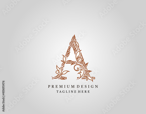 Calligraphic A Letter logo design, elegant floral ornate alphabet design vector.