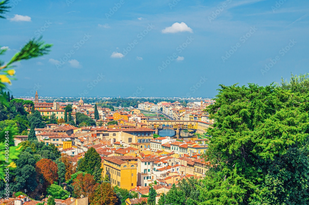 Top aerial panoramic view of Florence city historical centre with Ponte Vecchio bridge over Arno river, buildings with orange red tiled roofs, palm trees, blue sky white clouds, Tuscany, Italy