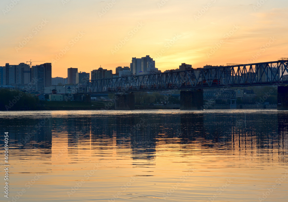 Sunrise over the Ob river in Novosibirsk