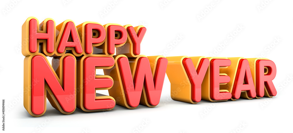 Red and yellow Happy New Year text isolated on white background, 3d rendering.