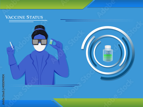 Scientist Woman Researching Vaccine With 75% Progress Chart On Blue Background For Vaccine Status Concept.