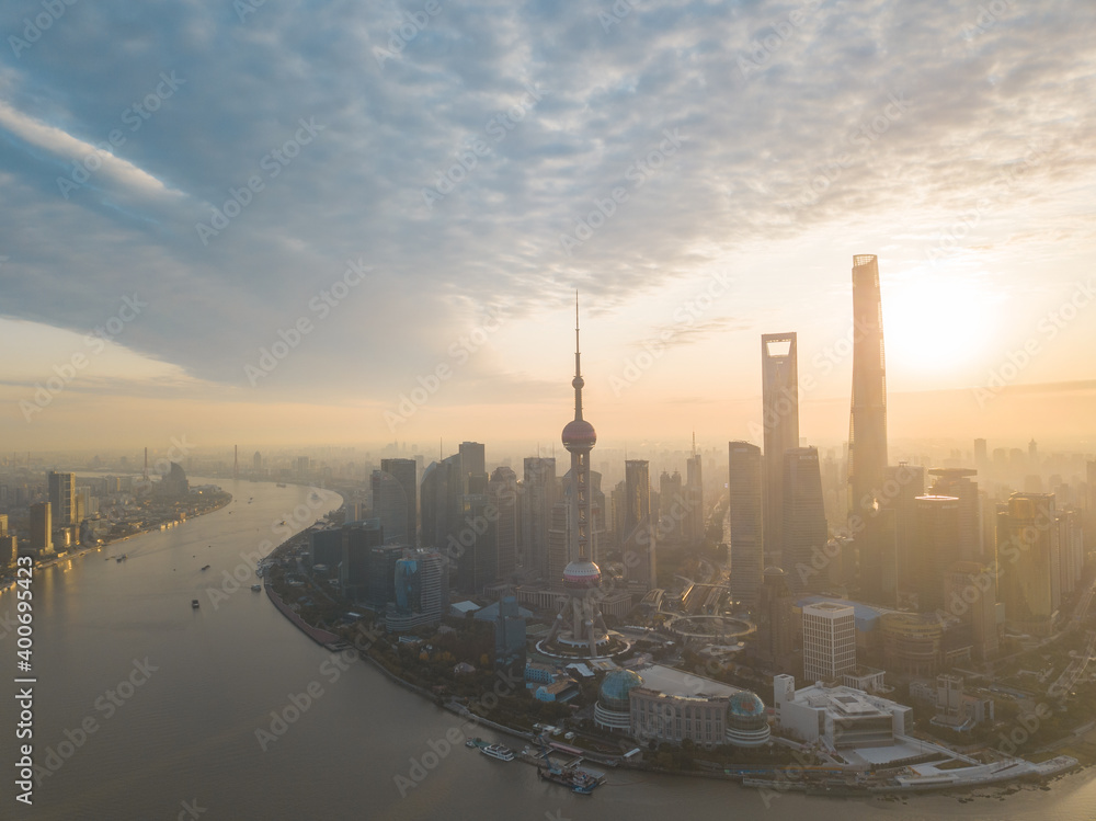 Aerial view of the sunrise in Lujiazui, the financial district in Shanghai, China.