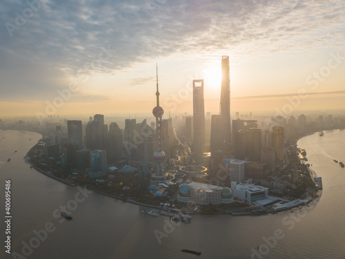 Aerial view of the sunrise in Lujiazui, the financial district in Shanghai, China.