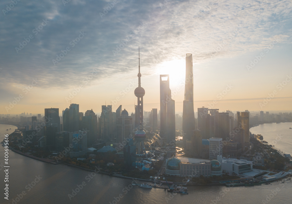 Aerial view of the sunrise in Lujiazui, the financial district in Shanghai, China.