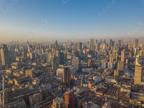 Aerial view of the skyline in Puxi, Shanghai, at sunrise. © Zimu