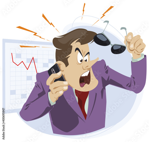 Angry businessman swears on phone. Web page design picture concept.