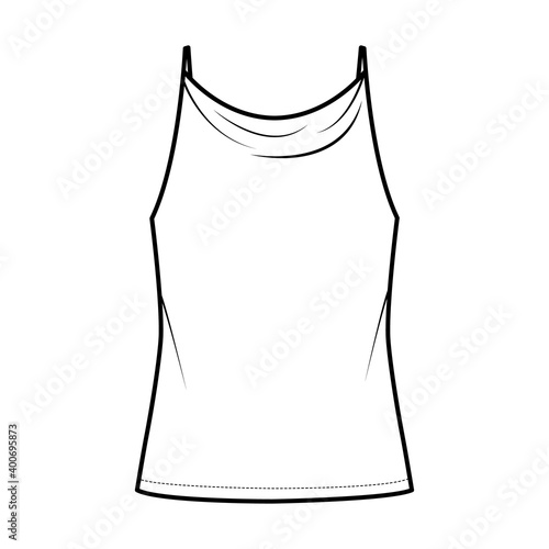 Tank high cowl Camisole technical fashion illustration with thin adjustable straps, oversized, tunic length. Flat apparel outwear top template front, white color. Women men unisex CAD mockup