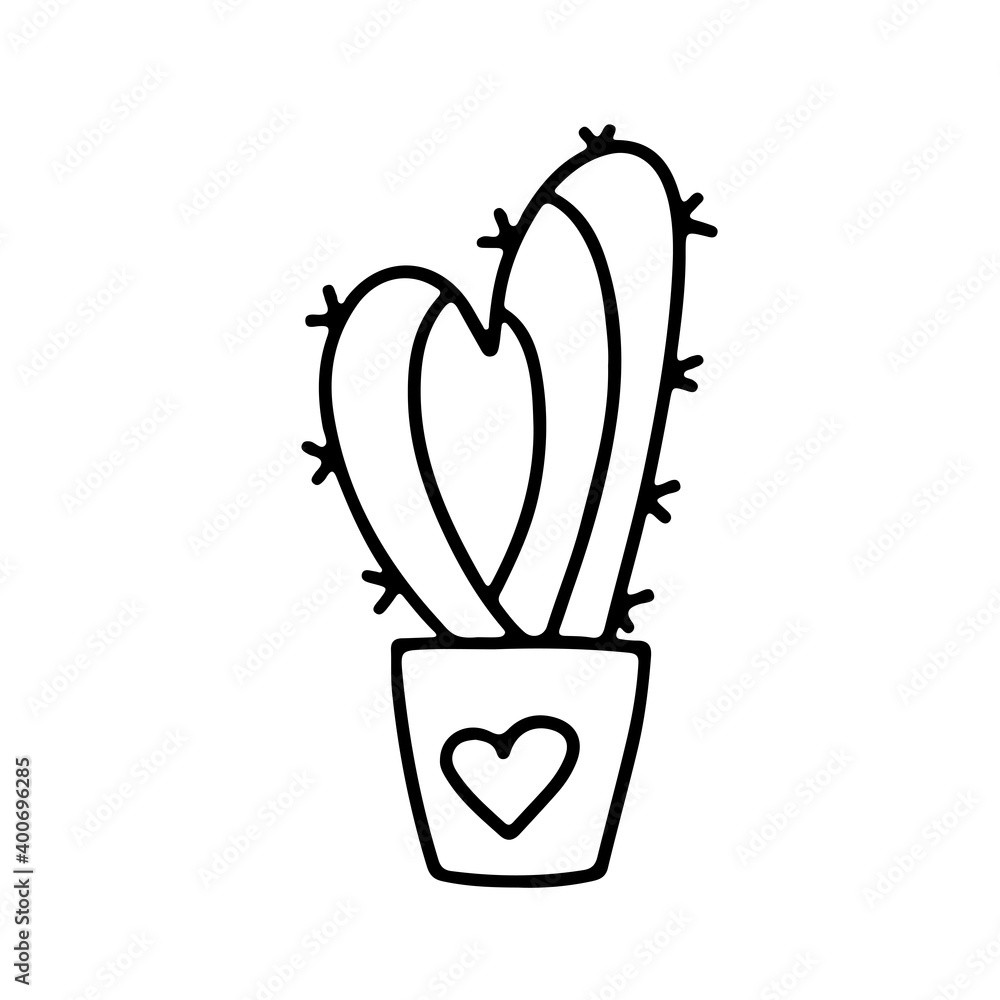 Hand drawn Valentines day cactus in pot with a heart in doodle style isolated on white background. Vector outline illustration. Design for greeting card, banner, web, sticker Hand drawn Valentines day cactus in pot with a heart in doodle style isolated on white background. Vector outline illustration. Design for greeting card, banner, web, sticker