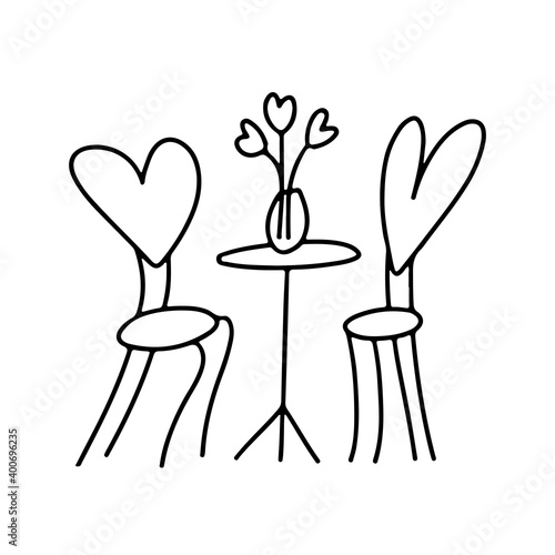 Hand drawn Valentines day chairs, table, flowers with a heart in doodle style isolated on white background. Vector outline illustration. Design for greeting card, banner, web, sticker