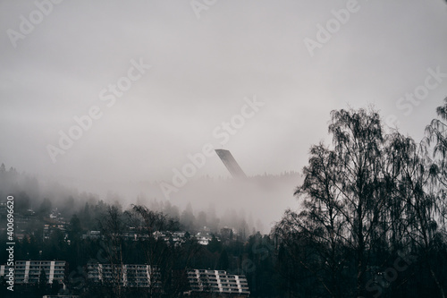 Holmenkollen in Dececmber. Fog and rain is the main weather in Oslo in December 2020.