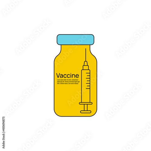 Vector icon of medical syringe with needle and ampoule. Vaccine illustration. Subcutaneous injection. Editable stroke